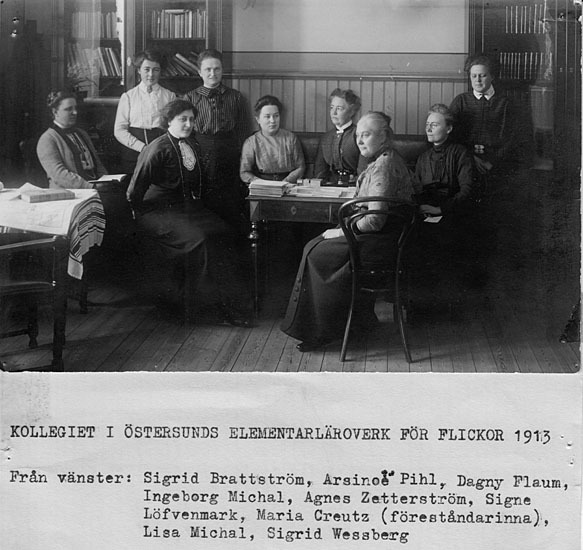 Svartvitt foto. nio stycken lärarinnor sitter och står upp i ett bibliotek. Alla är iklädda blusar och kjolar från tidigt 1900-tal